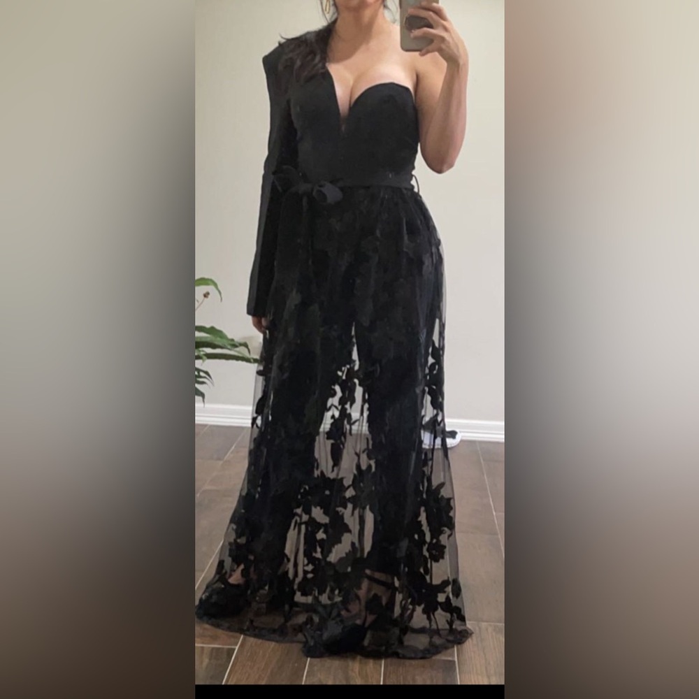 Elegant Black Jumpsuit with Sheer Overlay Skirt